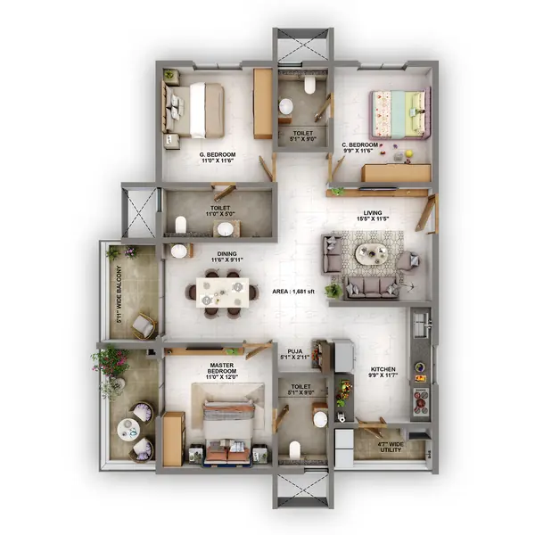 3 BHK Unit Plan